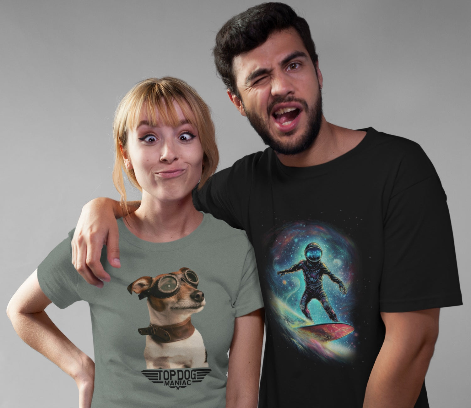 couple making faces and wearing slowpoke maniac meme wear shirts