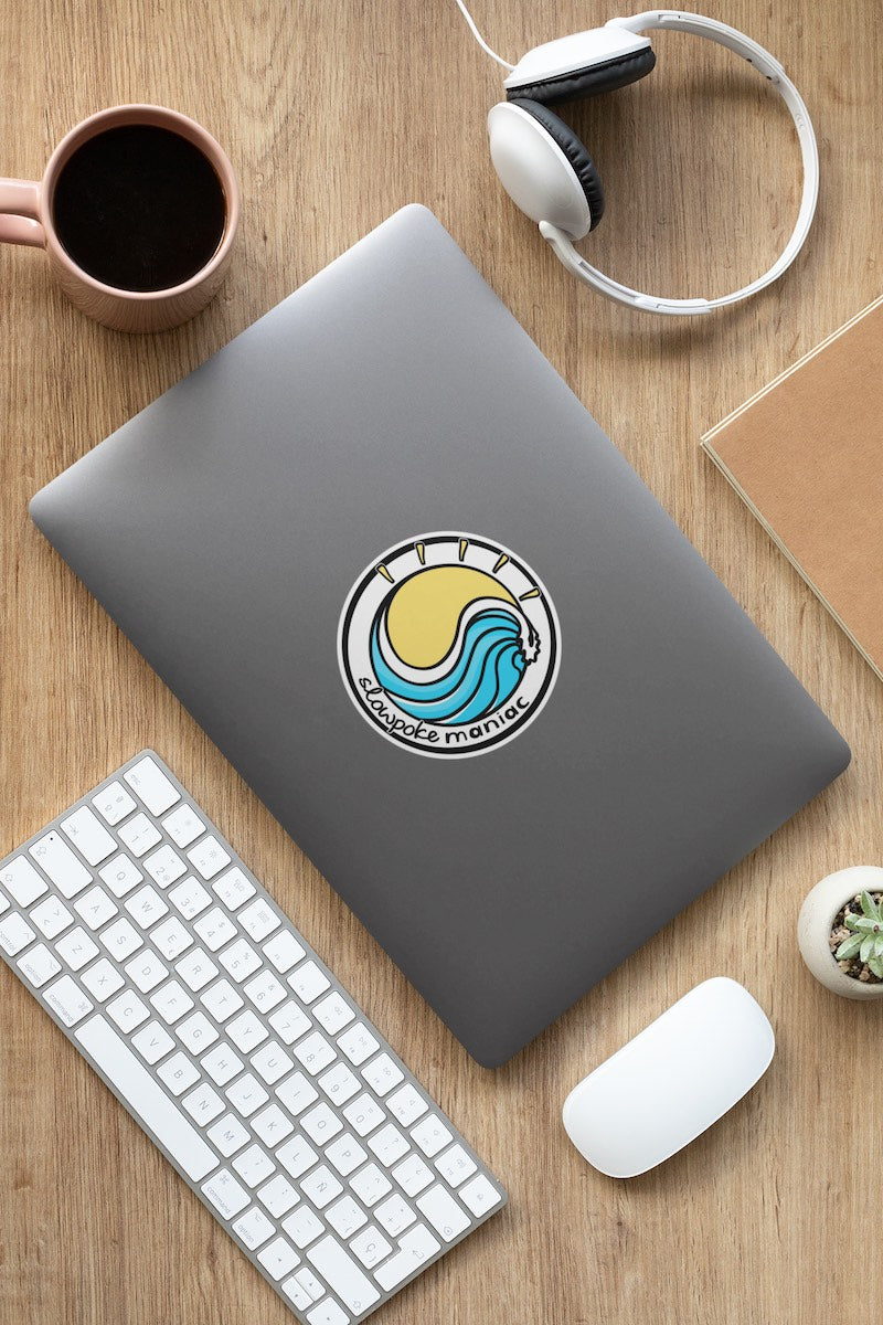 slowpoke maniac beach life logo sticker on laptop